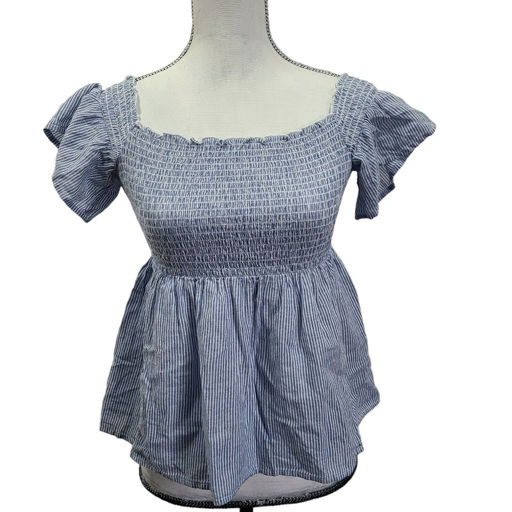 American Eagle Blue White Striped Smocked Square Neck Blouse Small